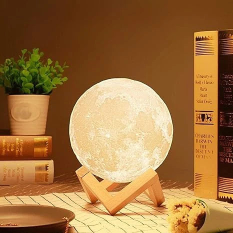 3D Moon Night Light Lamp with Wooden Stand – USB Rechargeable LED Touch Lamp for Bedroom & Home Decor