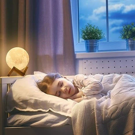3D Moon Night Light Lamp with Wooden Stand – USB Rechargeable LED Touch Lamp for Bedroom & Home Decor