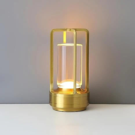 Crystal Lantern Table Lamp – 3-Color Rechargeable LED Night Light with Gold Metal Frame