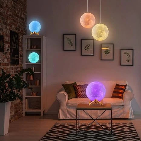 3D Moon Night Light Lamp with Wooden Stand – USB Rechargeable LED Touch Lamp for Bedroom & Home Decor
