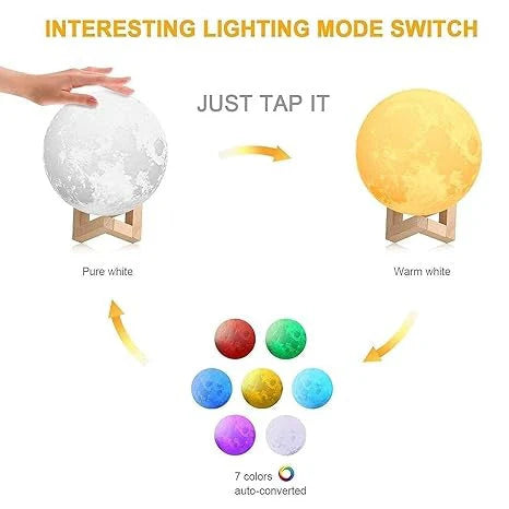3D Moon Night Light Lamp with Wooden Stand – USB Rechargeable LED Touch Lamp for Bedroom & Home Decor