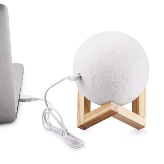 3D Moon Night Light Lamp with Wooden Stand – USB Rechargeable LED Touch Lamp for Bedroom & Home Decor