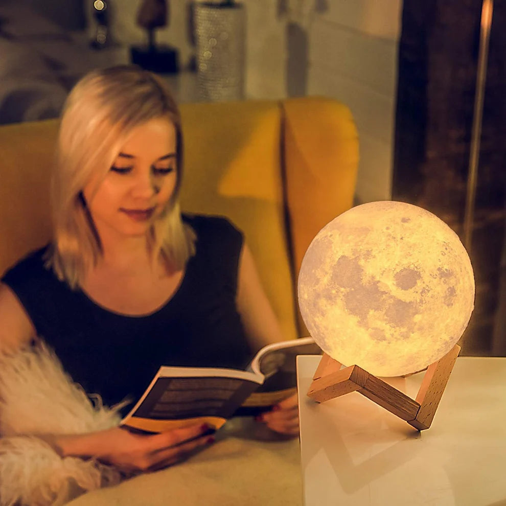3D Moon Night Light Lamp with Wooden Stand – USB Rechargeable LED Touch Lamp for Bedroom & Home Decor