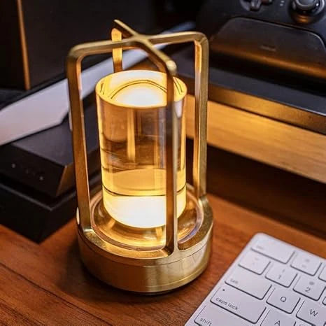 Crystal Lantern Table Lamp – 3-Color Rechargeable LED Night Light with Gold Metal Frame