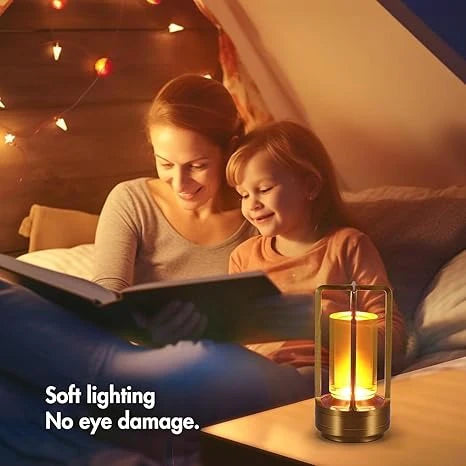 Crystal Lantern Table Lamp – 3-Color Rechargeable LED Night Light with Gold Metal Frame